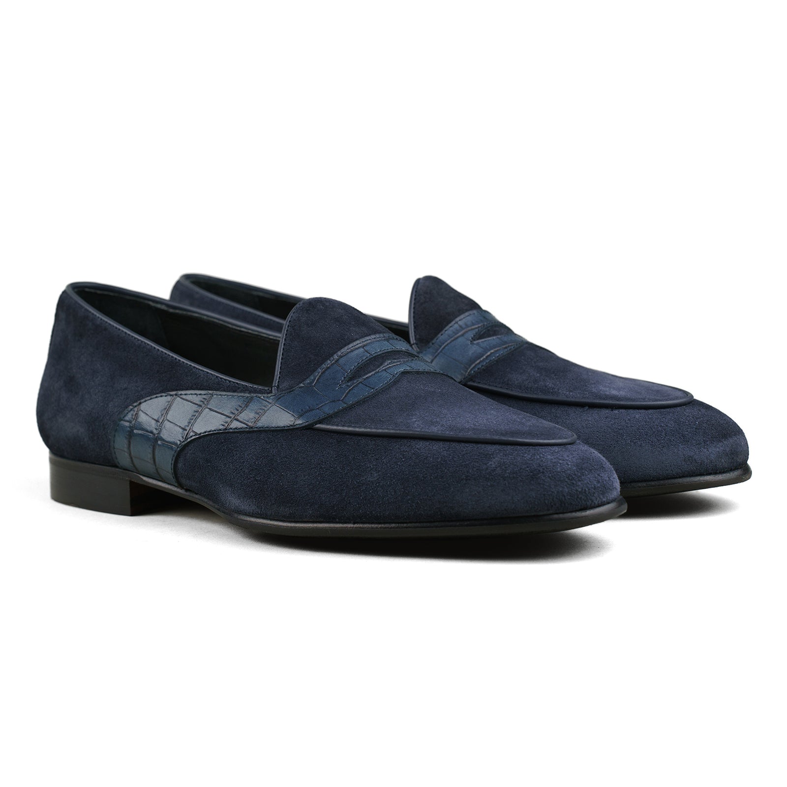 Trendora™ - Navy suede w/ faux croc strap loafers