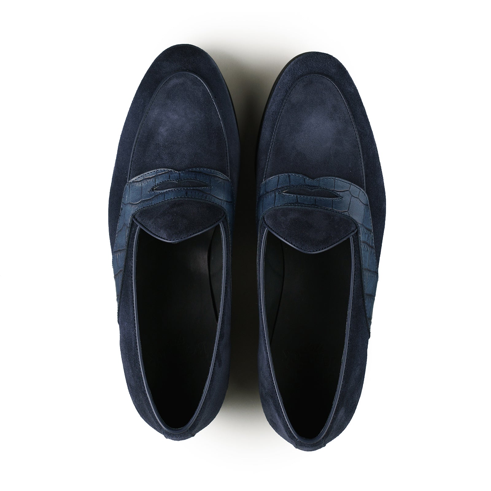 Trendora™ - Navy suede w/ faux croc strap loafers