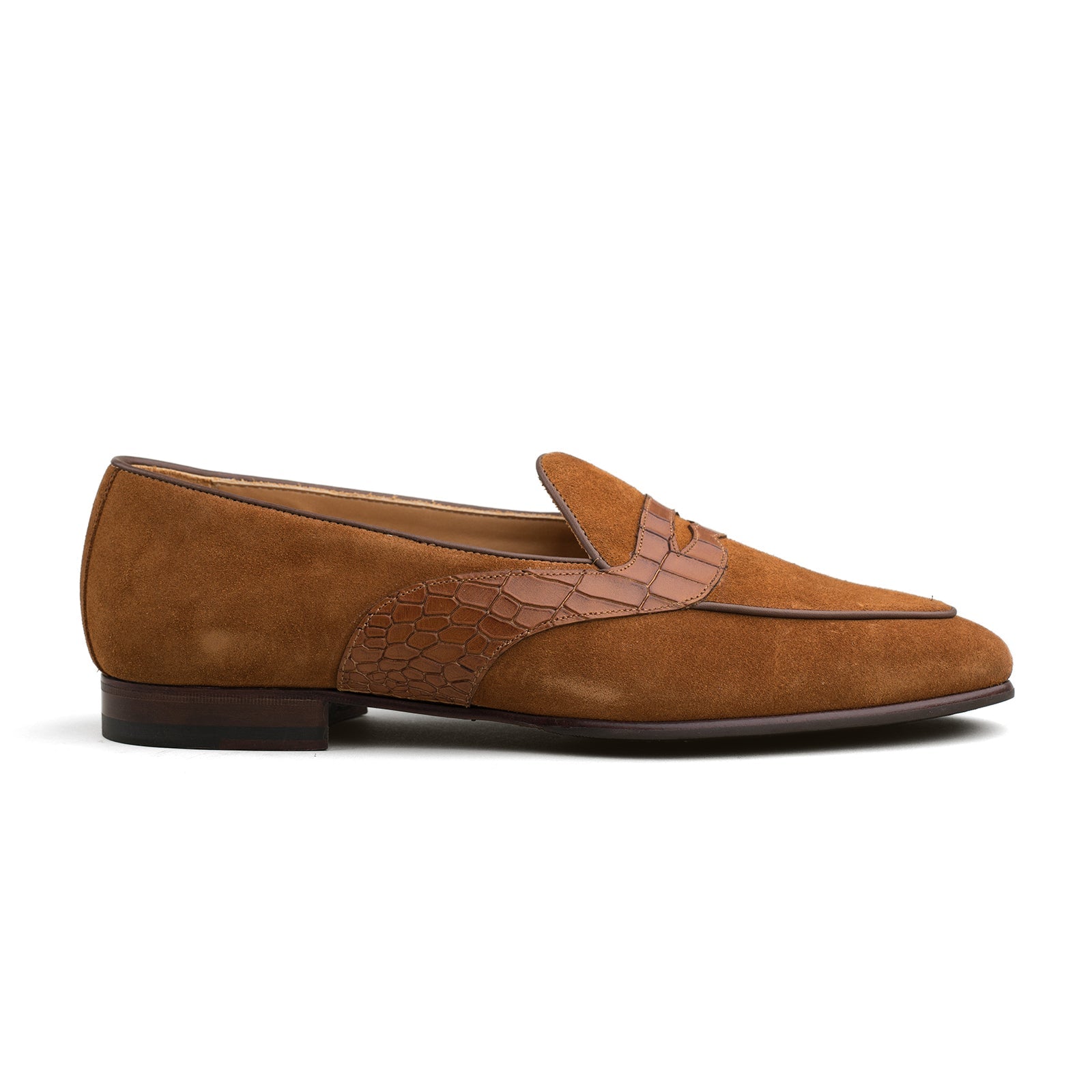 Trendora™ - Tobacco suede w/ faux croc strap loafers