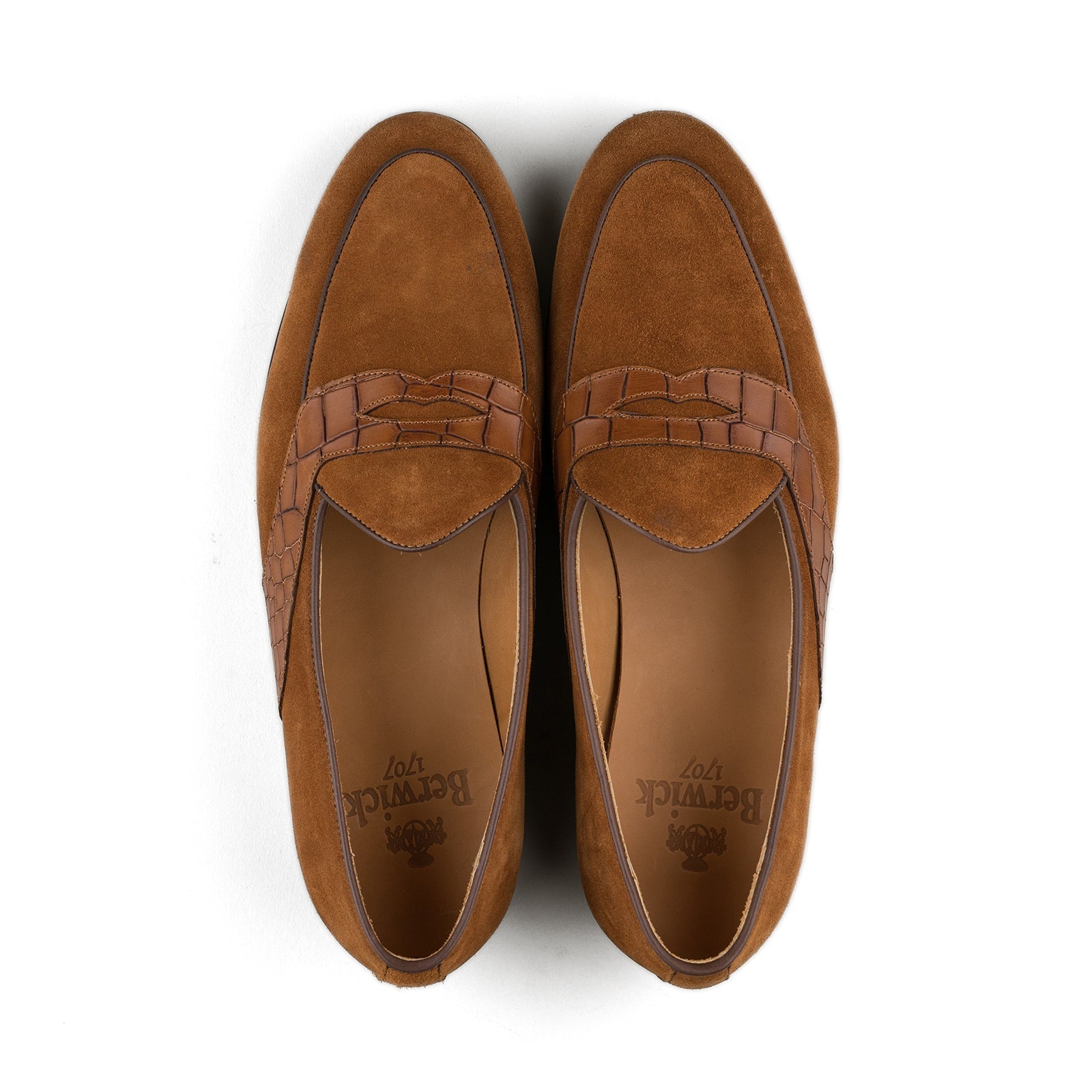 Trendora™ - Tobacco suede w/ faux croc strap loafers