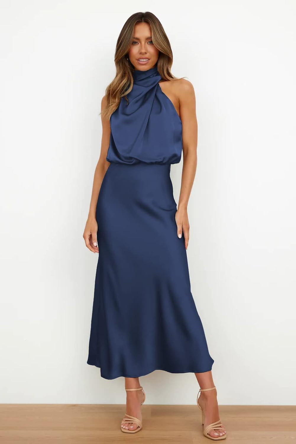 Elegant Sleeveless Maxi Dress in Dark Blue Silk Full Length for Wedding and Cocktail Parties