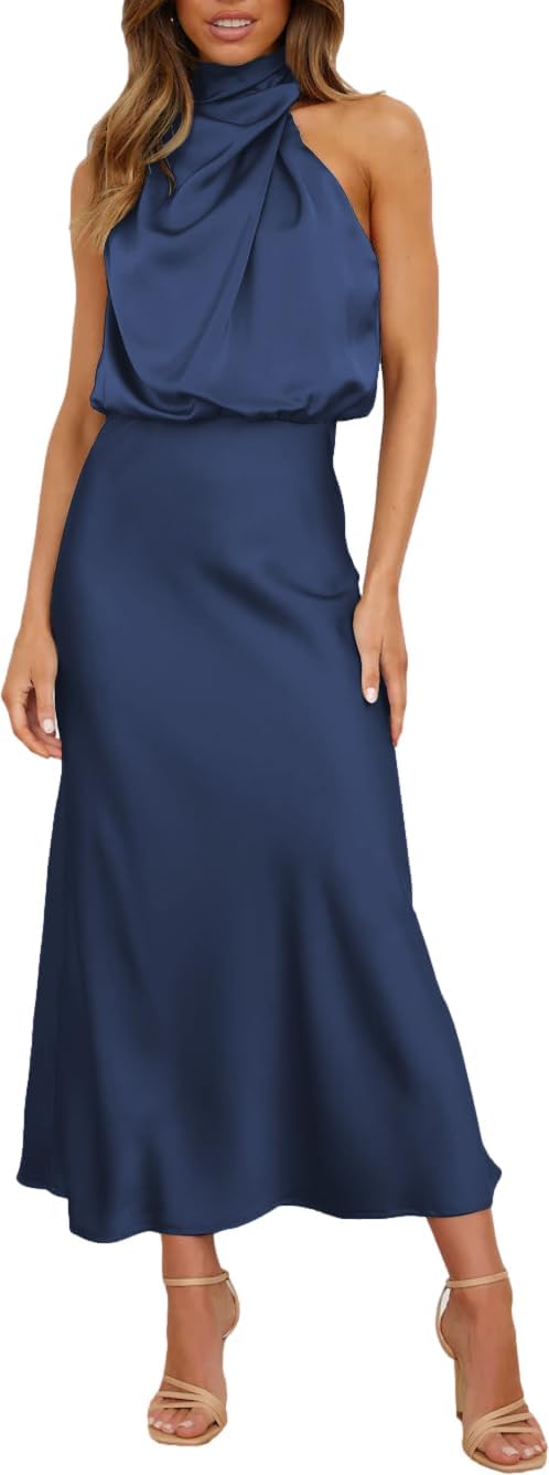 Elegant Sleeveless Maxi Dress in Dark Blue Silk Full Length for Wedding and Cocktail Parties