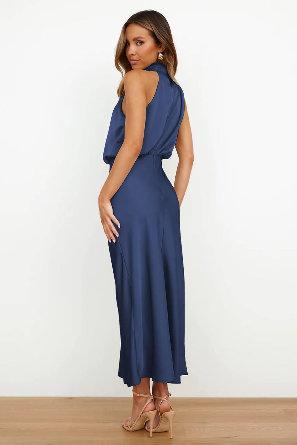 Elegant Sleeveless Maxi Dress in Dark Blue Silk Full Length for Wedding and Cocktail Parties