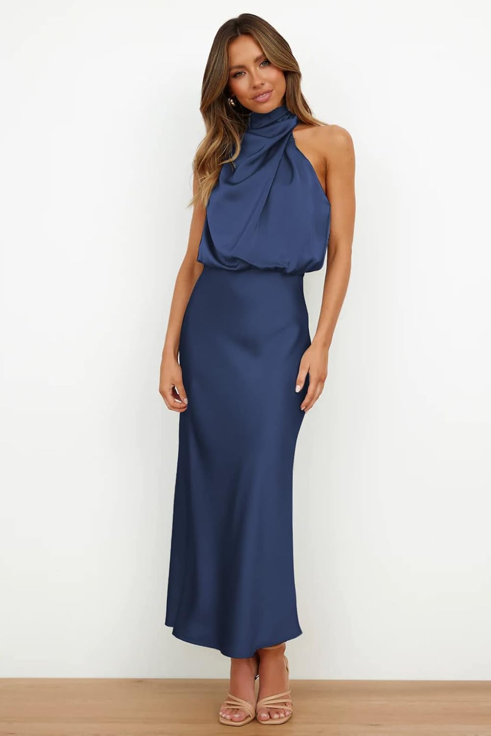 Elegant Sleeveless Maxi Dress in Dark Blue Silk Full Length for Wedding and Cocktail Parties