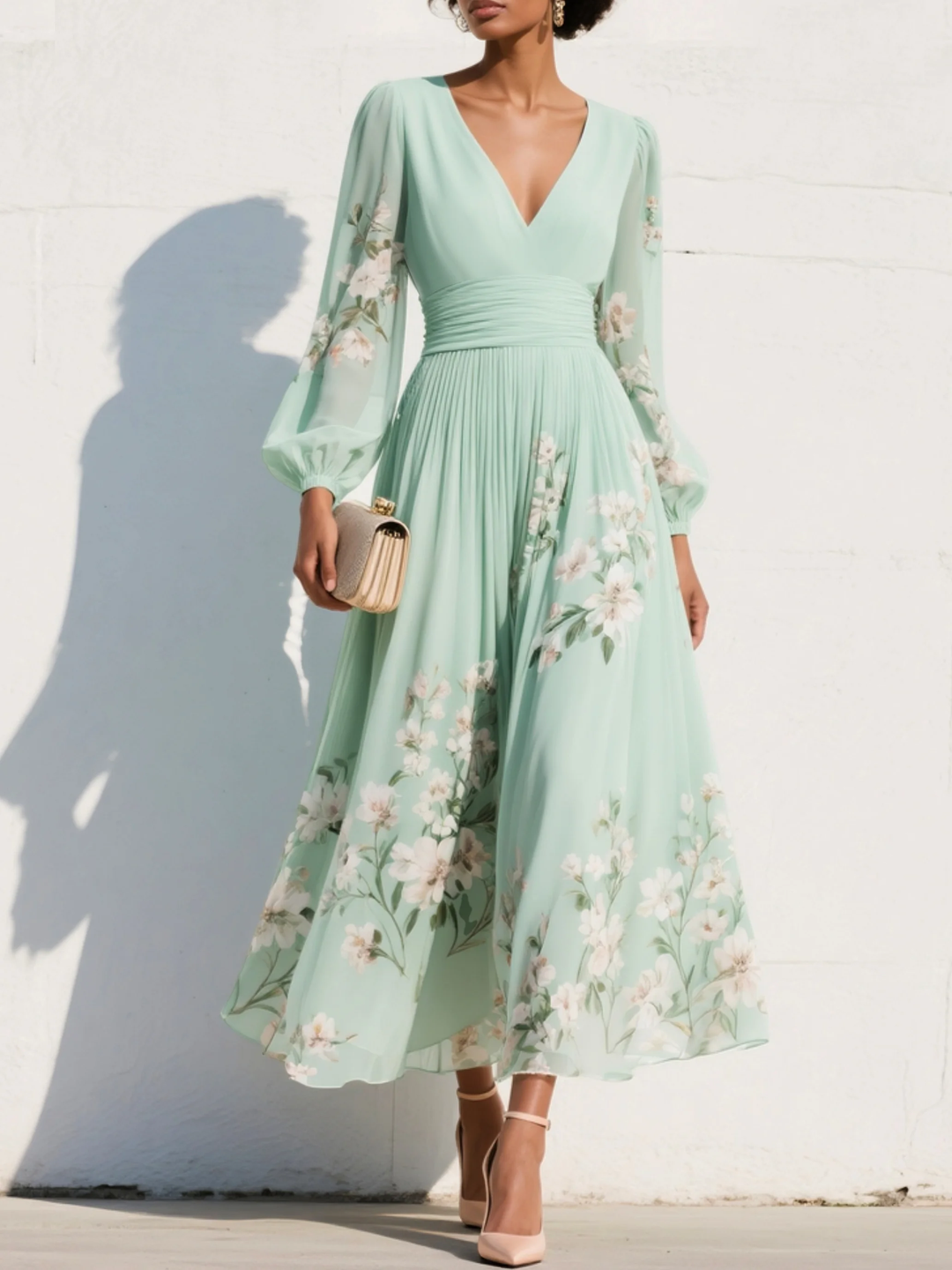 Seraphina | Mint Bloom Pleated Maxi Dress