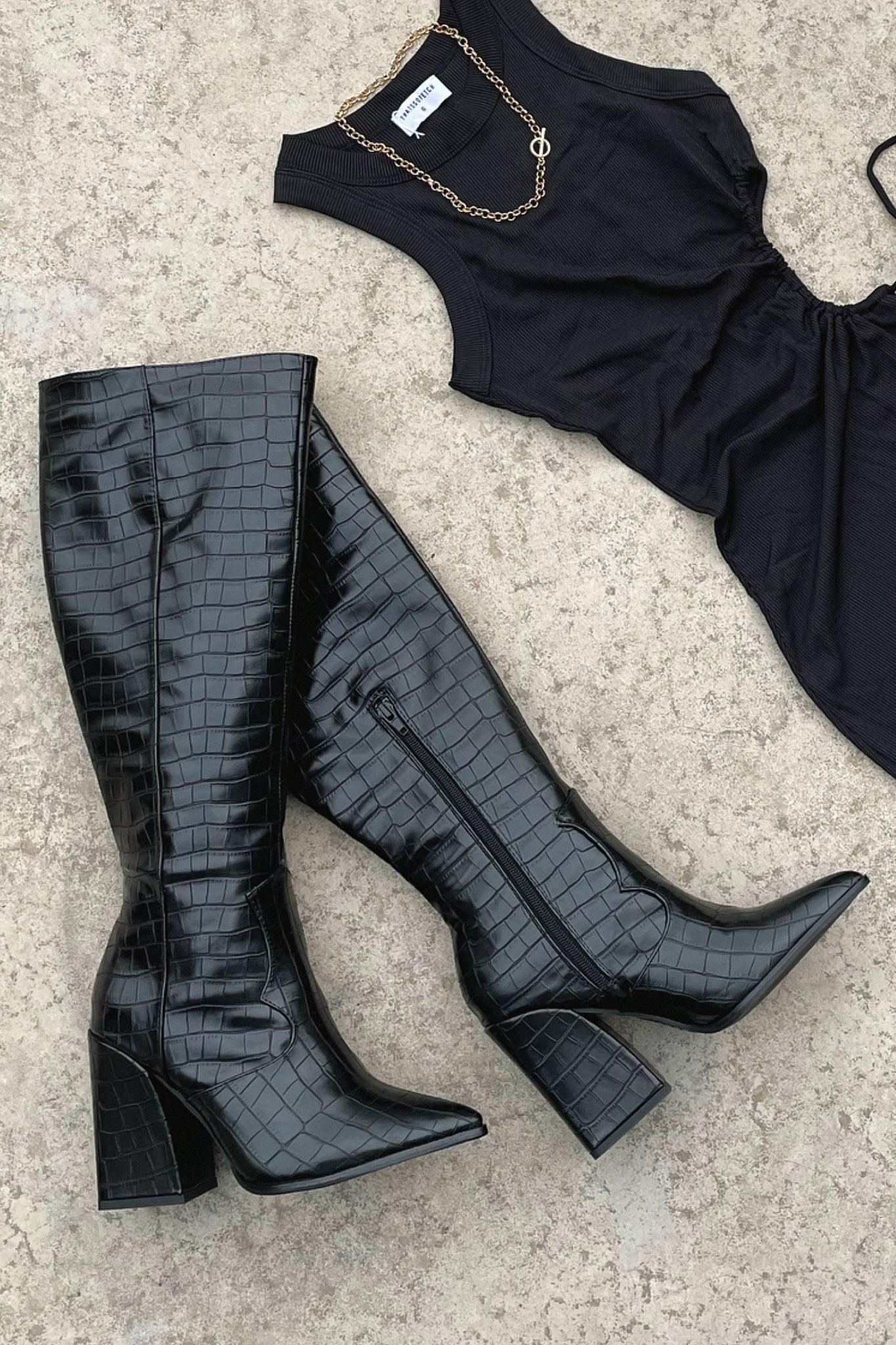 Trendora™ - Black croc knee high boots