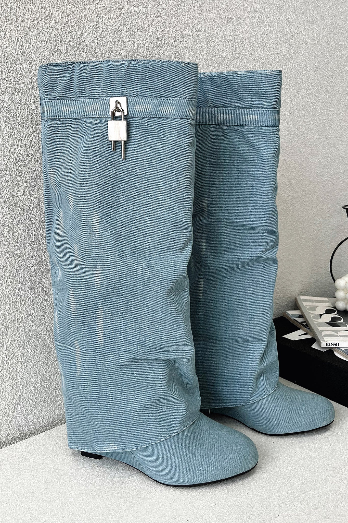 Trendora™ - Blue denim knee high boots